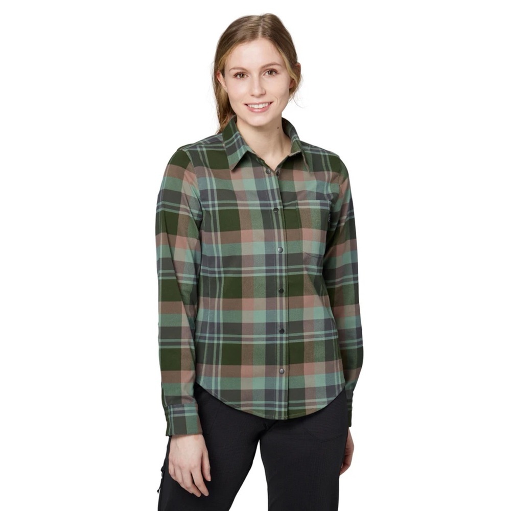 Flylow Bridgette Tech Flannel Snap Button Up Shirt in Pine Seaglass Size S